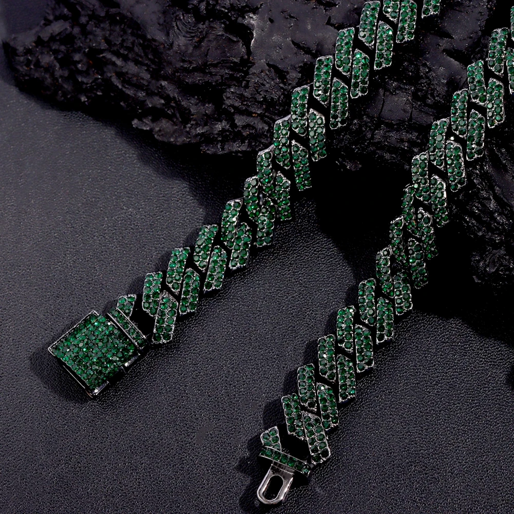Cuban Chain Necklace for Men Women, Green Rhinestone Iced Out Link Chain, Hip Hop Jewelry