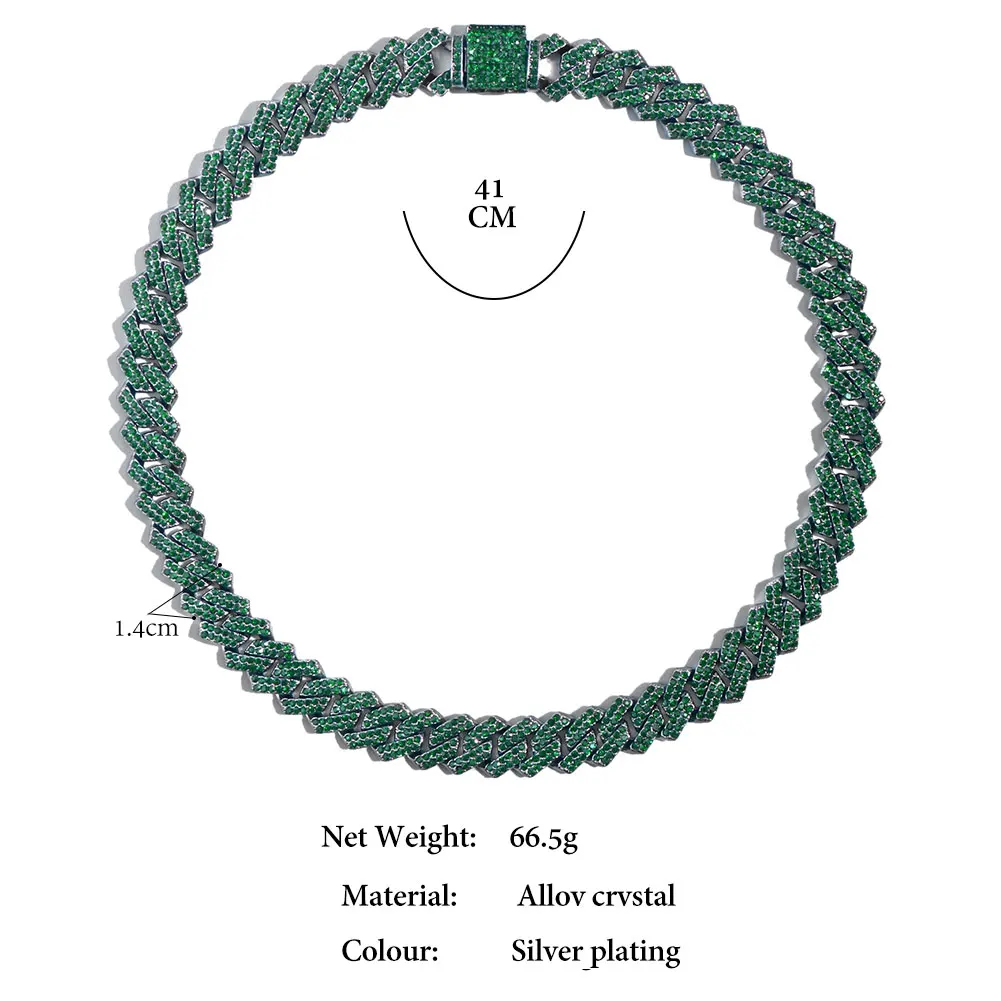 Cuban Chain Necklace for Men Women, Green Rhinestone Iced Out Link Chain, Hip Hop Jewelry