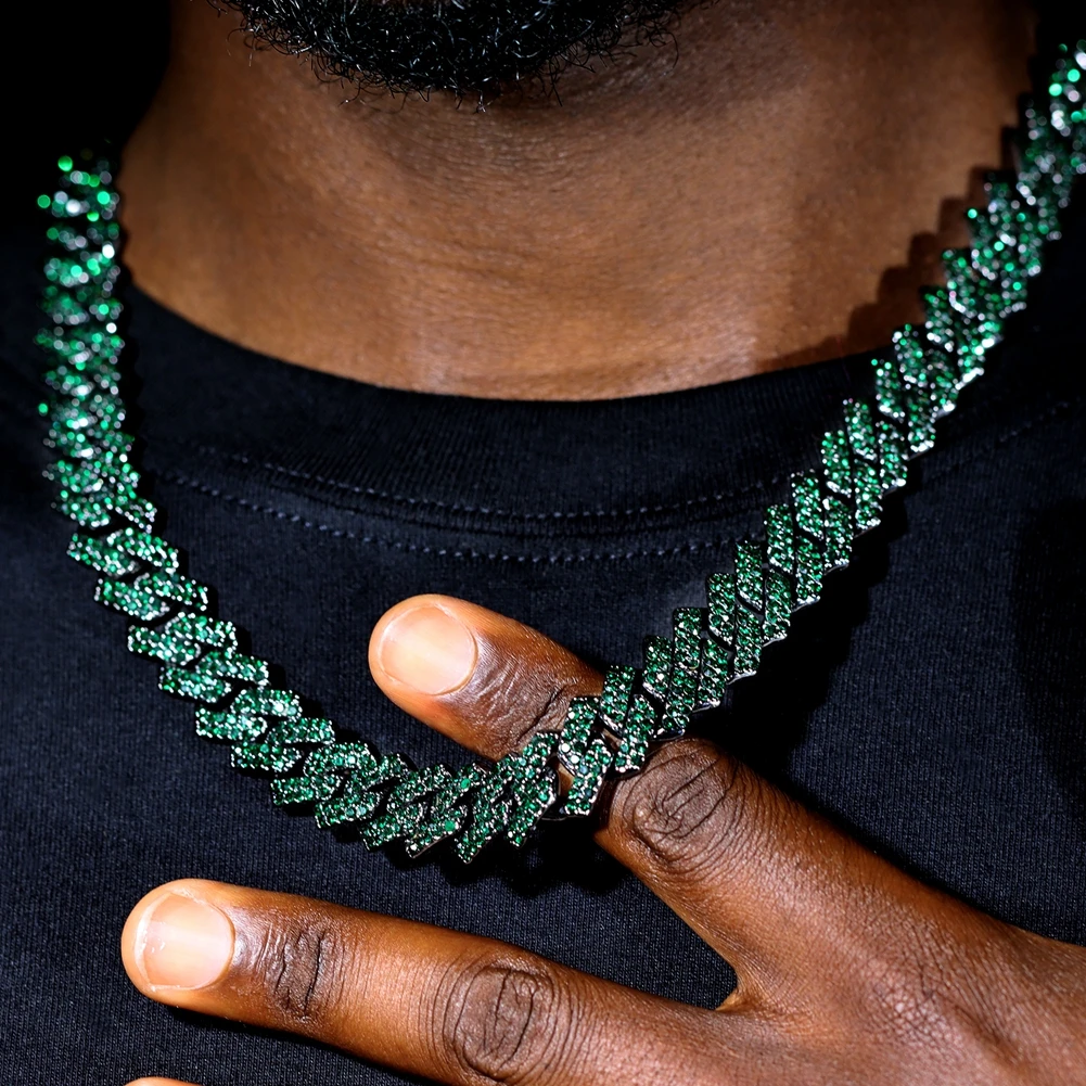 Cuban Chain Necklace for Men Women, Green Rhinestone Iced Out Link Chain, Hip Hop Jewelry