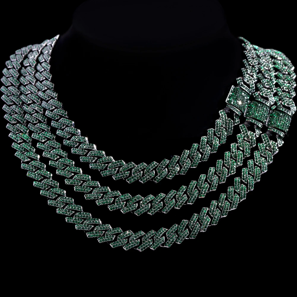 Cuban Chain Necklace for Men Women, Green Rhinestone Iced Out Link Chain, Hip Hop Jewelry