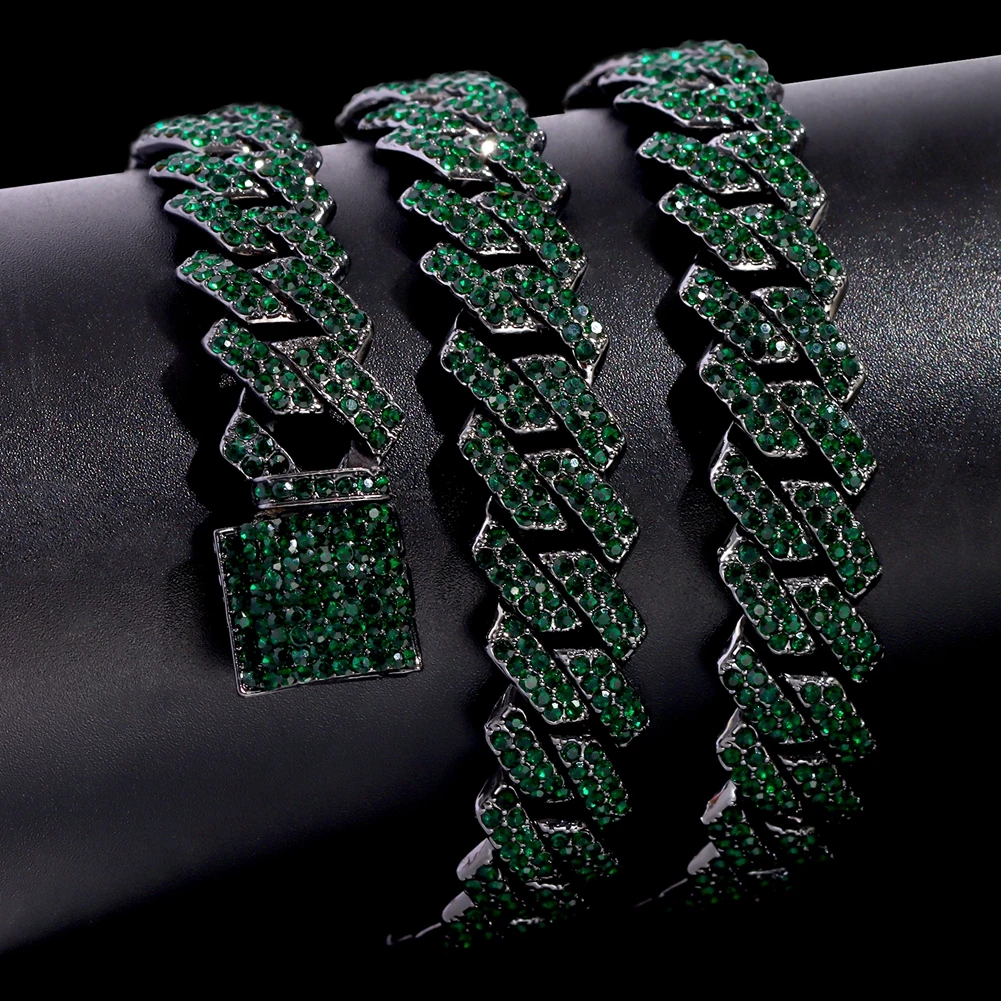 Cuban Chain Necklace for Men Women, Green Rhinestone Iced Out Link Chain, Hip Hop Jewelry