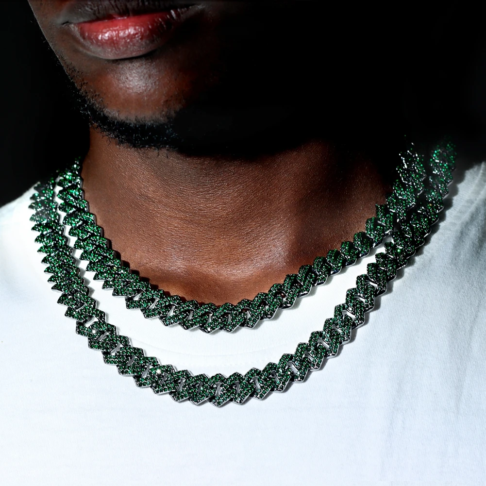 Cuban Chain Necklace for Men Women, Green Rhinestone Iced Out Link Chain, Hip Hop Jewelry