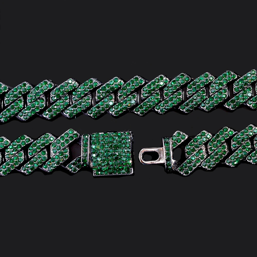 Cuban Chain Necklace for Men Women, Green Rhinestone Iced Out Link Chain, Hip Hop Jewelry