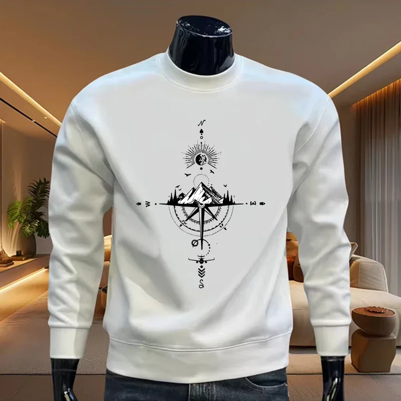 2026 Retro Compass Printed Men's Sportswear Spring and Autumn Daily Casual Fashion Warm Long Sleeve Top Men's Round Neck