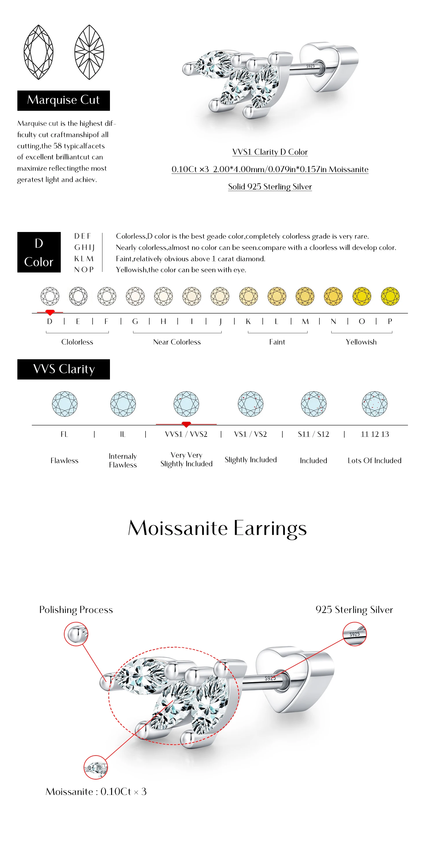 MODIAN 0.3CT Marquise Cut Moissanite Cartilage Ear 925 Sterling Sliver Earrings Heart Screw Stud Earrings For Women Fine Jewelry