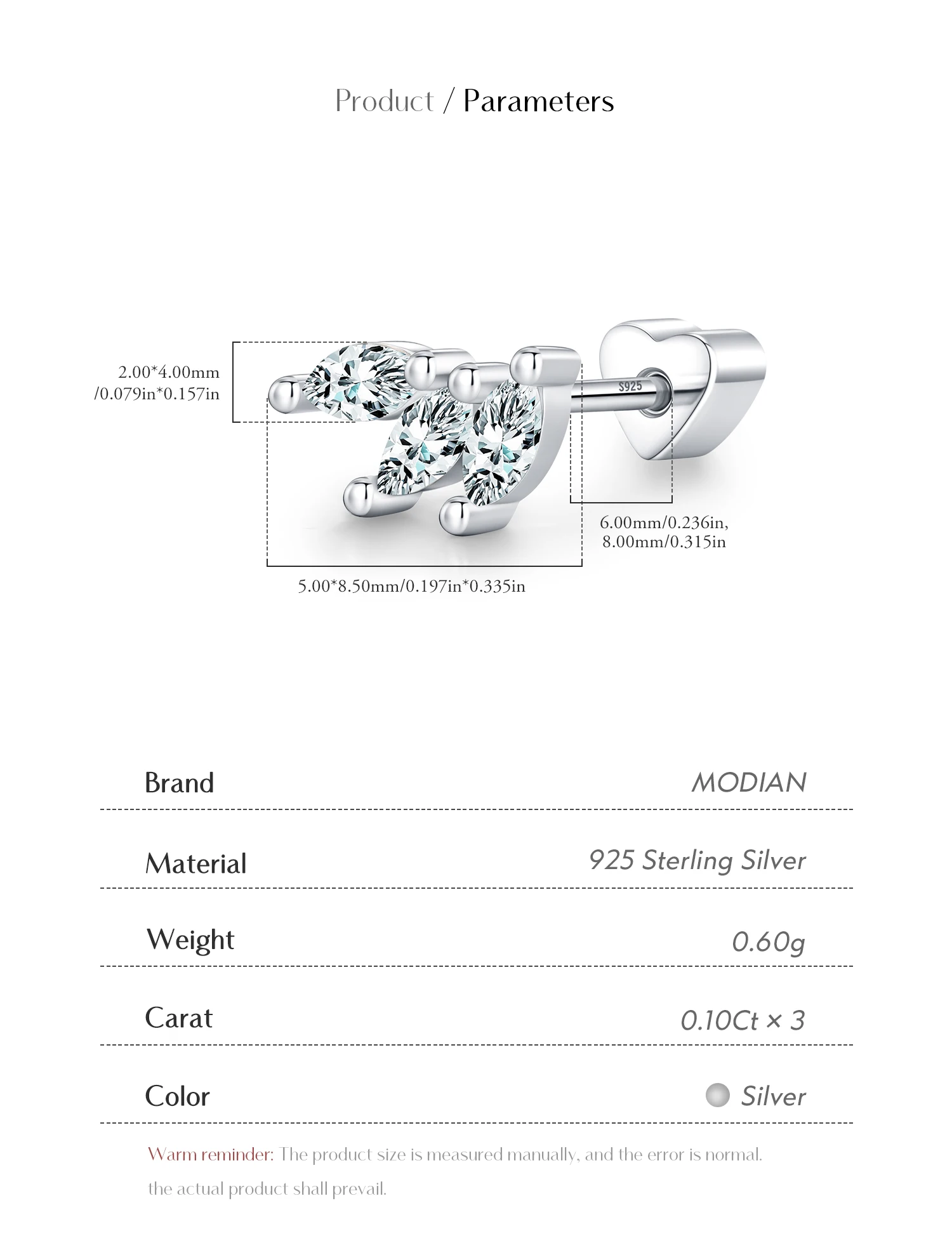 MODIAN 0.3CT Marquise Cut Moissanite Cartilage Ear 925 Sterling Sliver Earrings Heart Screw Stud Earrings For Women Fine Jewelry