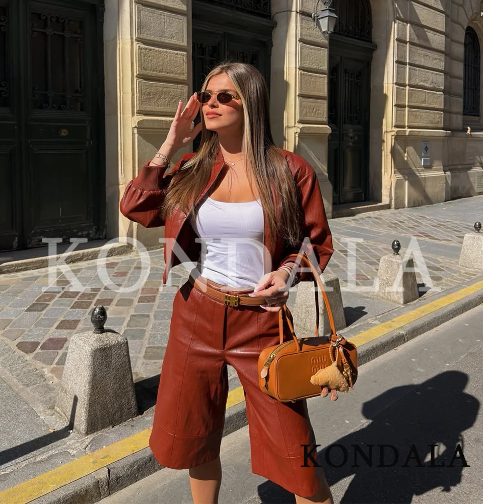 KONDALA Retro High Street Pilot Jacket Shorts Set Woman Casual Trendy PU Leather Jacket, Half Shorts 2026 Spring Cool Girls Set
