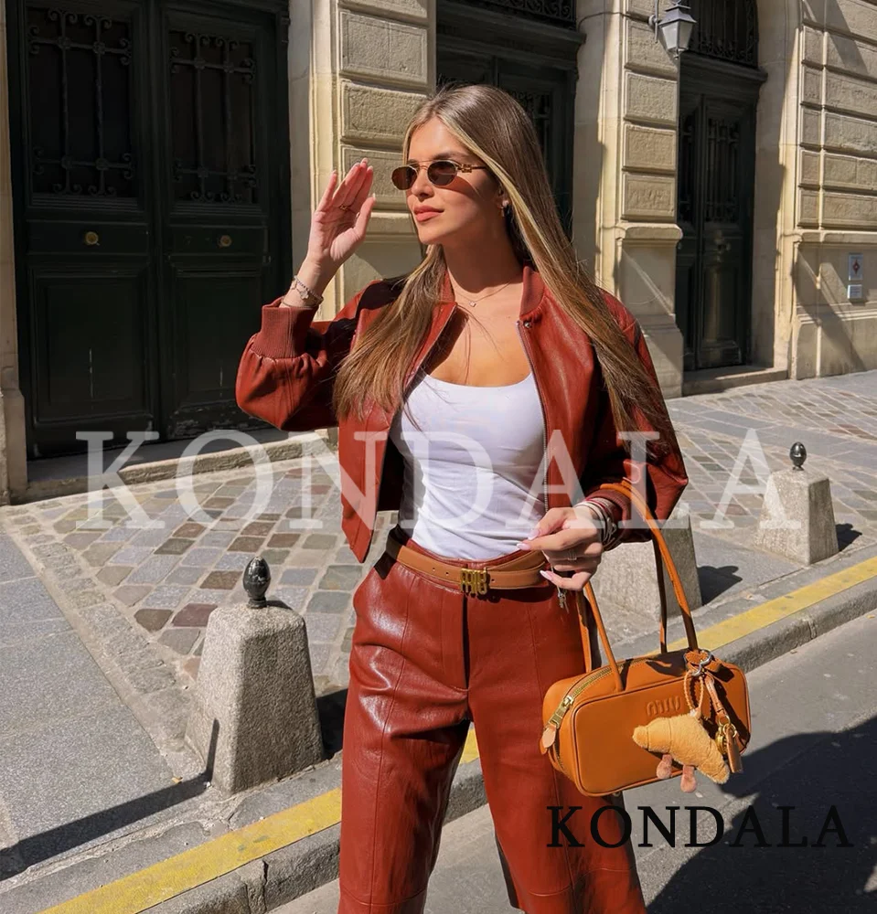 KONDALA Retro High Street Pilot Jacket Shorts Set Woman Casual Trendy PU Leather Jacket, Half Shorts 2026 Spring Cool Girls Set