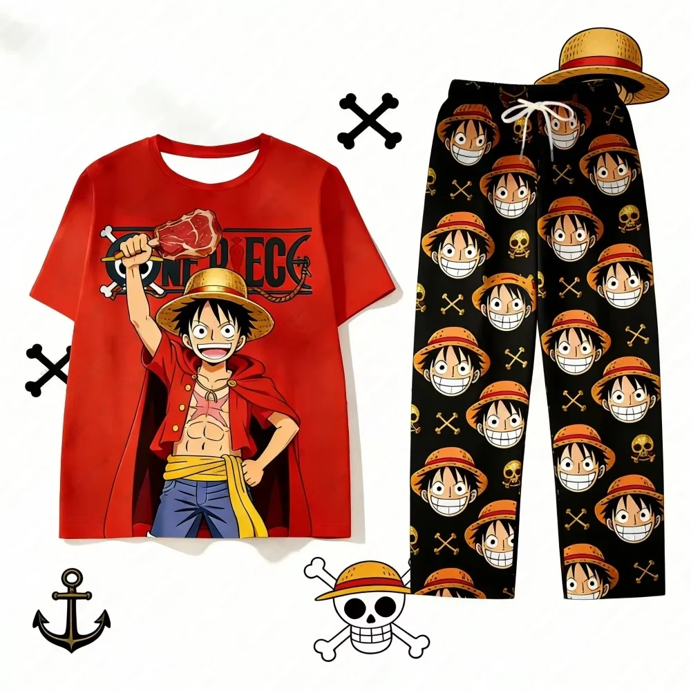 2026 One Piece Pirate King Luffy Suit Pajamas Pants for Men's Shirts Women Y2k T-shirts And Pants Set Kids Tshirt Set