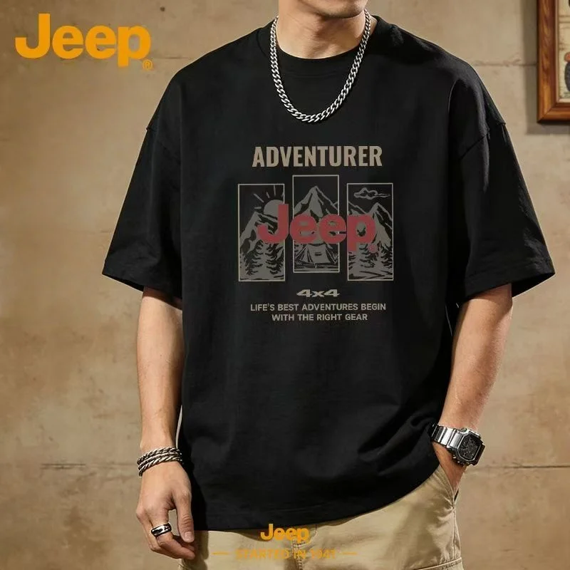 JEEP 2026 Men's Summer Pure Cotton Comfort T-Shirt, Loose and Casual, Crew Neck Outdoor Men's Top