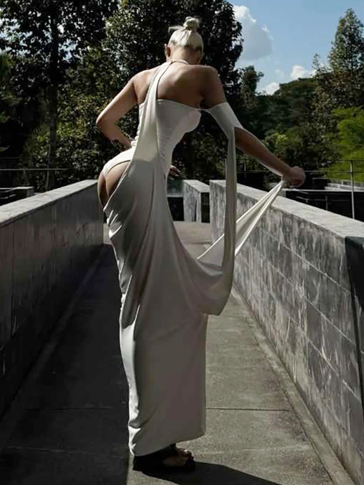 Kliou Sexy Fashion 2 Piece Set Woman Wrap Chest Backless Skinny Bodysuits+Irregular Hollow Halter Long Dress Street Style Suits
