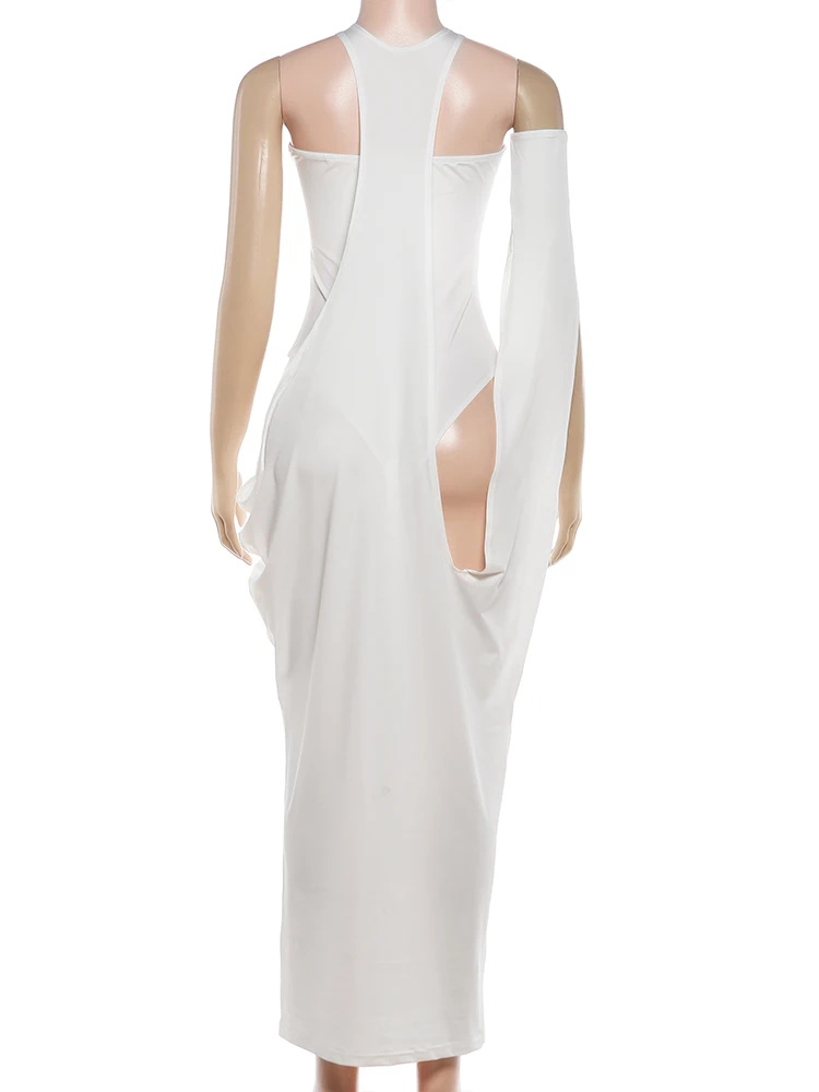 Kliou Sexy Fashion 2 Piece Set Woman Wrap Chest Backless Skinny Bodysuits+Irregular Hollow Halter Long Dress Street Style Suits