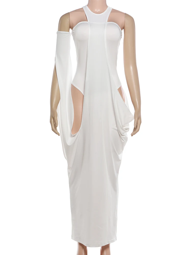 Kliou Sexy Fashion 2 Piece Set Woman Wrap Chest Backless Skinny Bodysuits+Irregular Hollow Halter Long Dress Street Style Suits