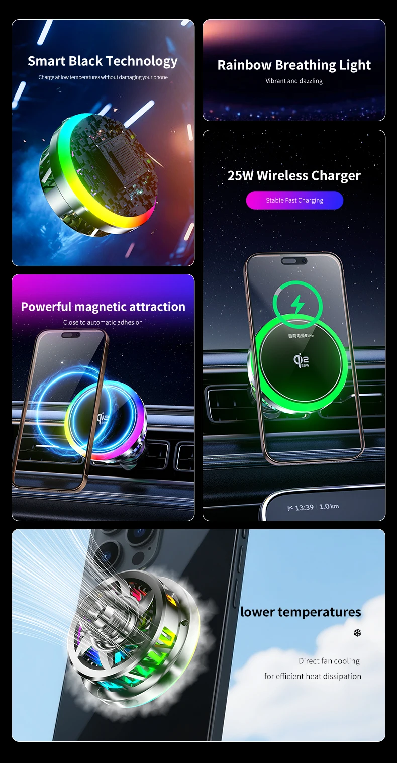 Car qi2.2 25W Magnetic Wireless Charger Air Cooling Fast Charging Station Air Vent Phone Holder Stand For iPhone 17~12 Pro Max