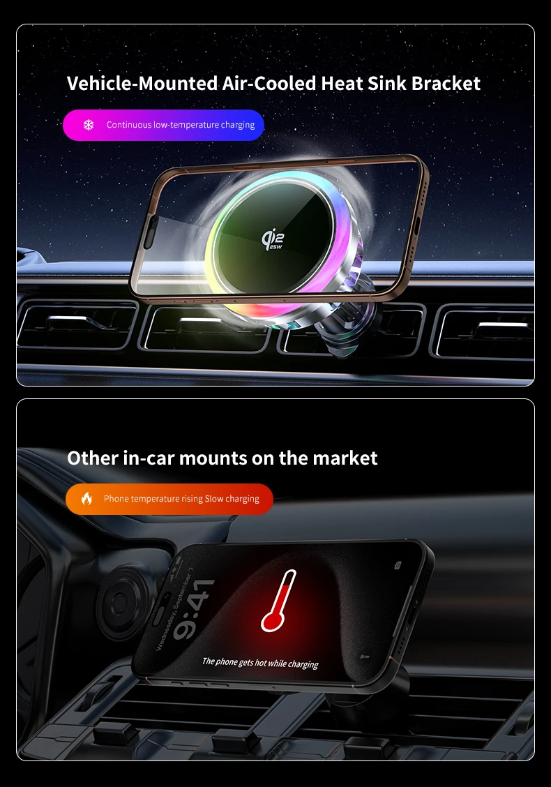 Car qi2.2 25W Magnetic Wireless Charger Air Cooling Fast Charging Station Air Vent Phone Holder Stand For iPhone 17~12 Pro Max