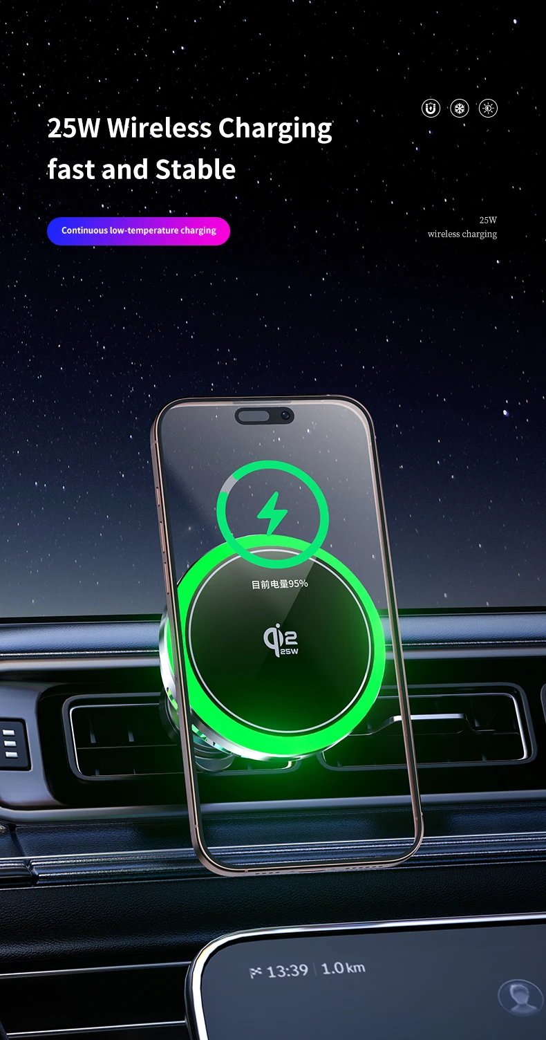 Car qi2.2 25W Magnetic Wireless Charger Air Cooling Fast Charging Station Air Vent Phone Holder Stand For iPhone 17~12 Pro Max
