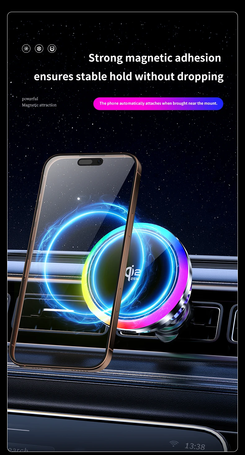 Car qi2.2 25W Magnetic Wireless Charger Air Cooling Fast Charging Station Air Vent Phone Holder Stand For iPhone 17~12 Pro Max