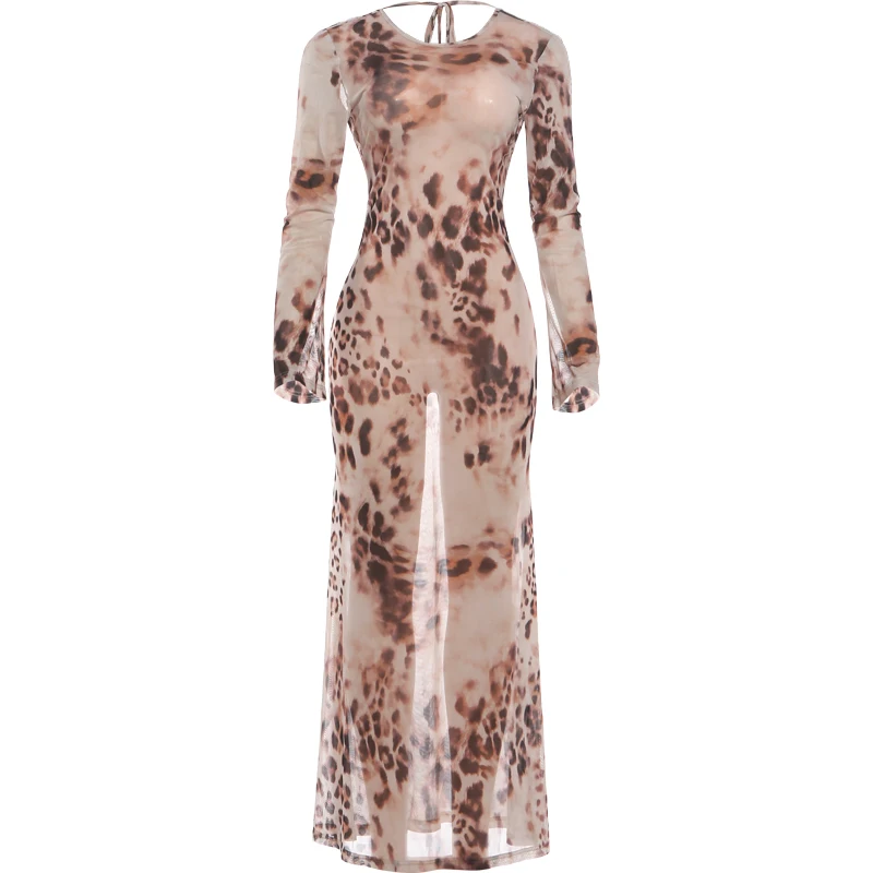 Kliou Sexy See Through Long Dress Woman Leopard Print o-Neck Full Sleeve Cross Bandage Backless High Street Wild Style Vestidos
