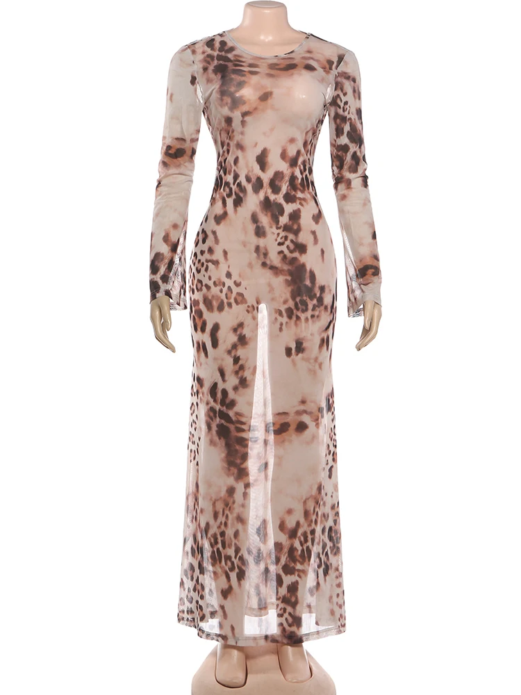 Kliou Sexy See Through Long Dress Woman Leopard Print o-Neck Full Sleeve Cross Bandage Backless High Street Wild Style Vestidos