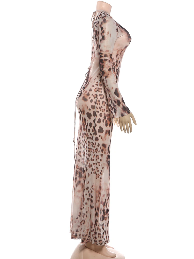 Kliou Sexy See Through Long Dress Woman Leopard Print o-Neck Full Sleeve Cross Bandage Backless High Street Wild Style Vestidos