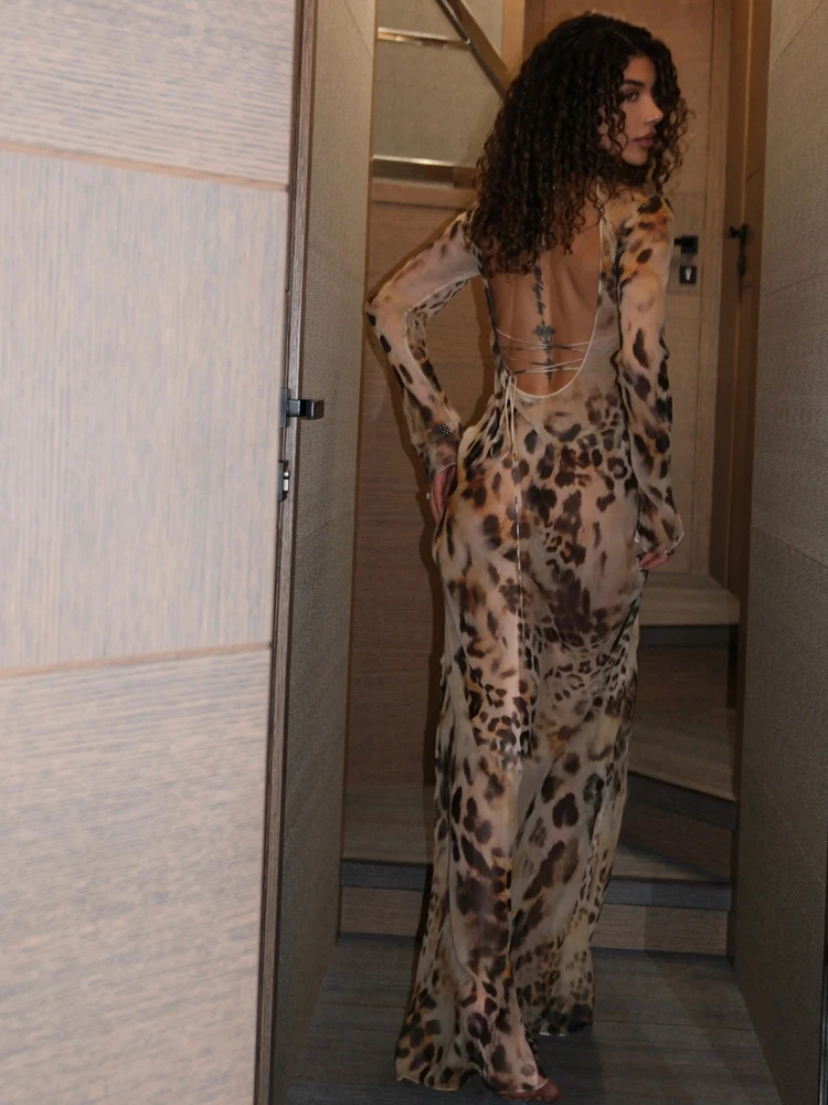 Kliou Sexy See Through Long Dress Woman Leopard Print o-Neck Full Sleeve Cross Bandage Backless High Street Wild Style Vestidos