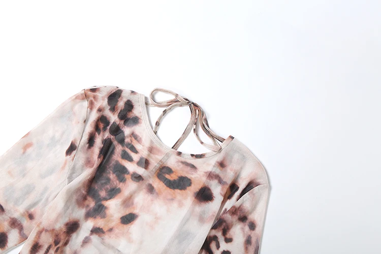 Kliou Sexy See Through Long Dress Woman Leopard Print o-Neck Full Sleeve Cross Bandage Backless High Street Wild Style Vestidos