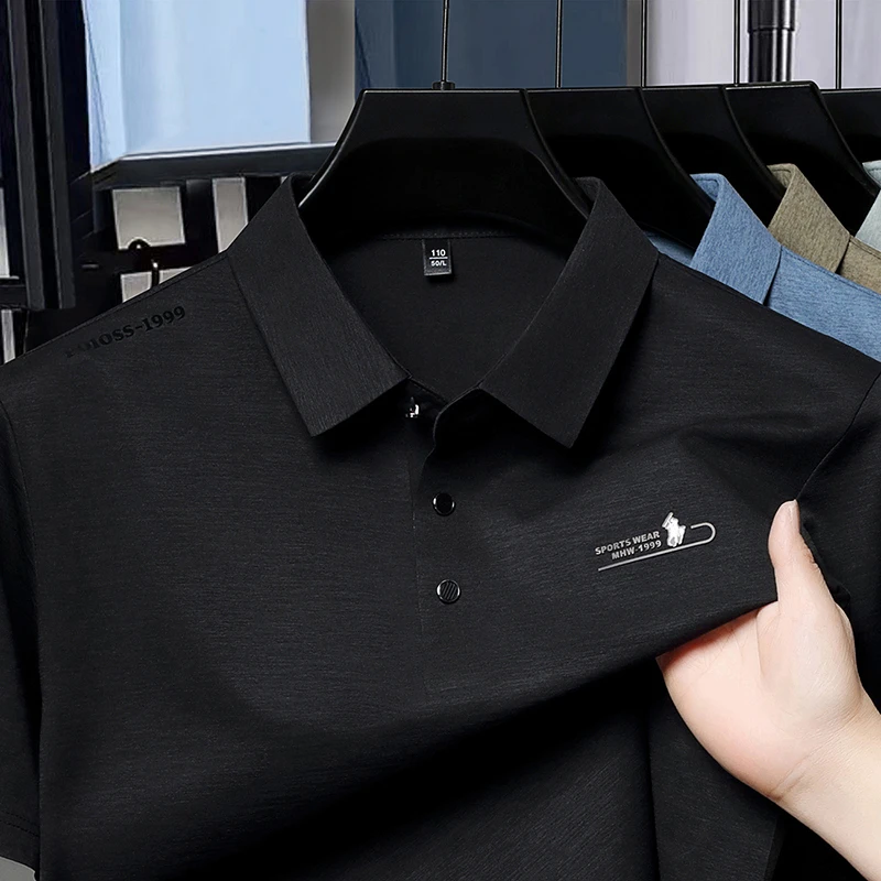Casual Men Short Sleeve Polo Shirt Ice Silk Waffle Fabric Breathable Summer Business Formal Top