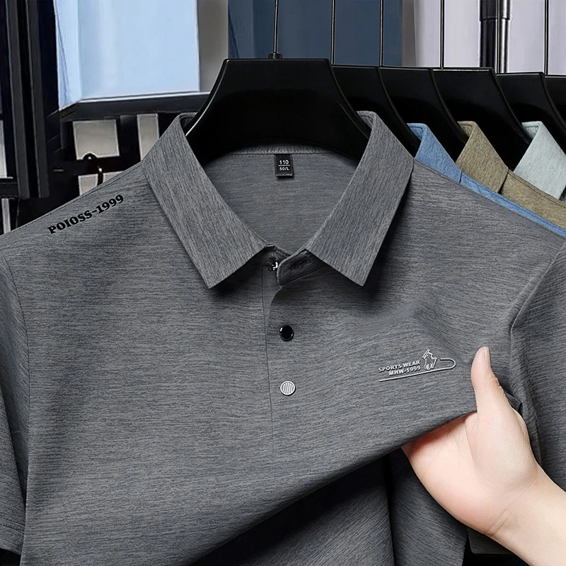 Casual Men Short Sleeve Polo Shirt Ice Silk Waffle Fabric Breathable Summer Business Formal Top