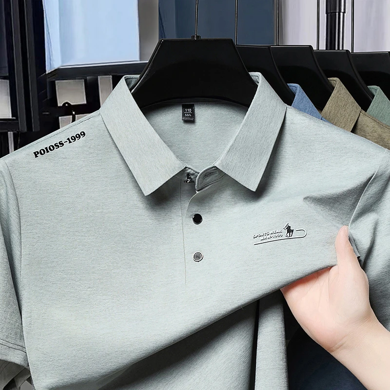 Casual Men Short Sleeve Polo Shirt Ice Silk Waffle Fabric Breathable Summer Business Formal Top