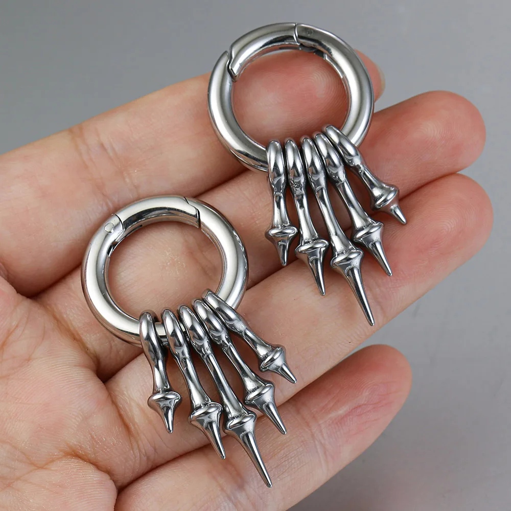 Twolobes 2PCS Punk Spike Ear Weights Hangers 316L Stainless Steel Ear Gauges 4mm 6G Stretched Lobe Earrings Hoop Gothic Jewelry