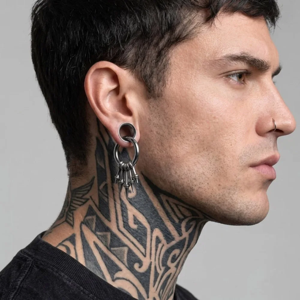 Twolobes 2PCS Punk Spike Ear Weights Hangers 316L Stainless Steel Ear Gauges 4mm 6G Stretched Lobe Earrings Hoop Gothic Jewelry