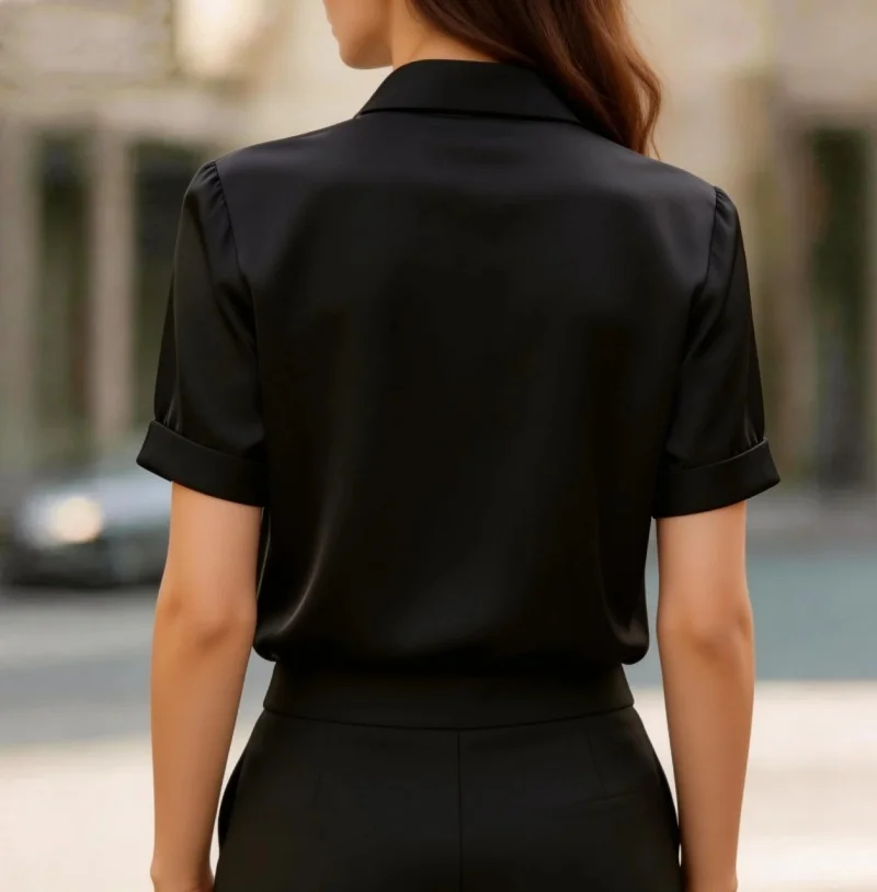 Women's Short Sleeve Blouse With Neck Tie Collar Elegant Office Shirt