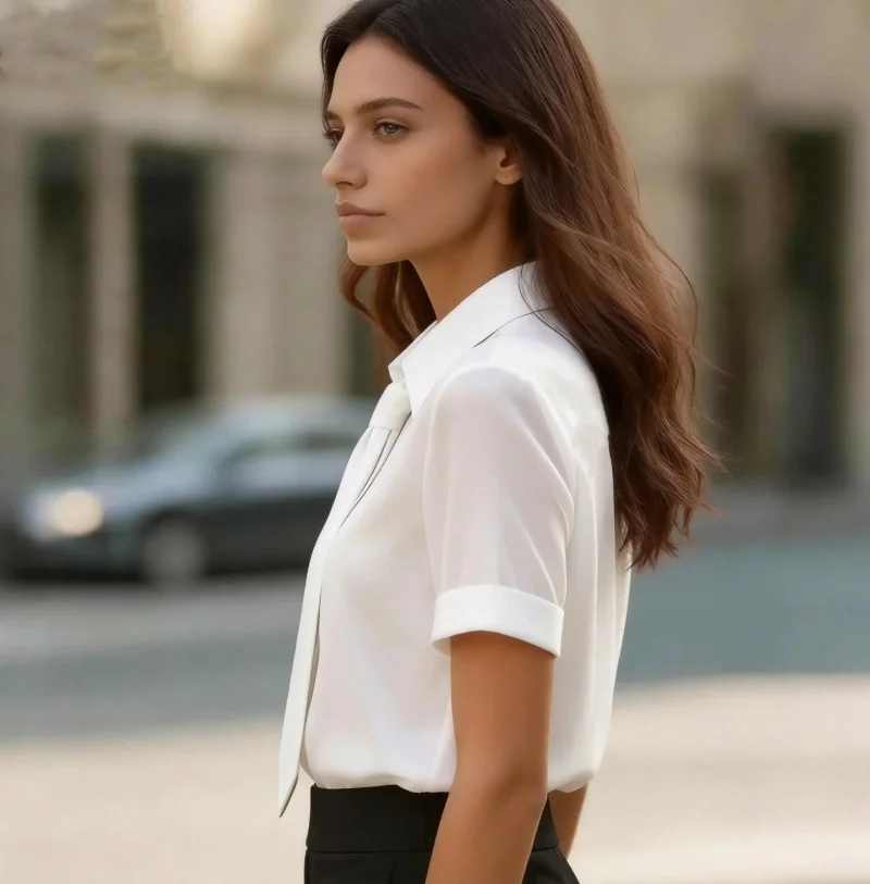 Women's Short Sleeve Blouse With Neck Tie Collar Elegant Office Shirt