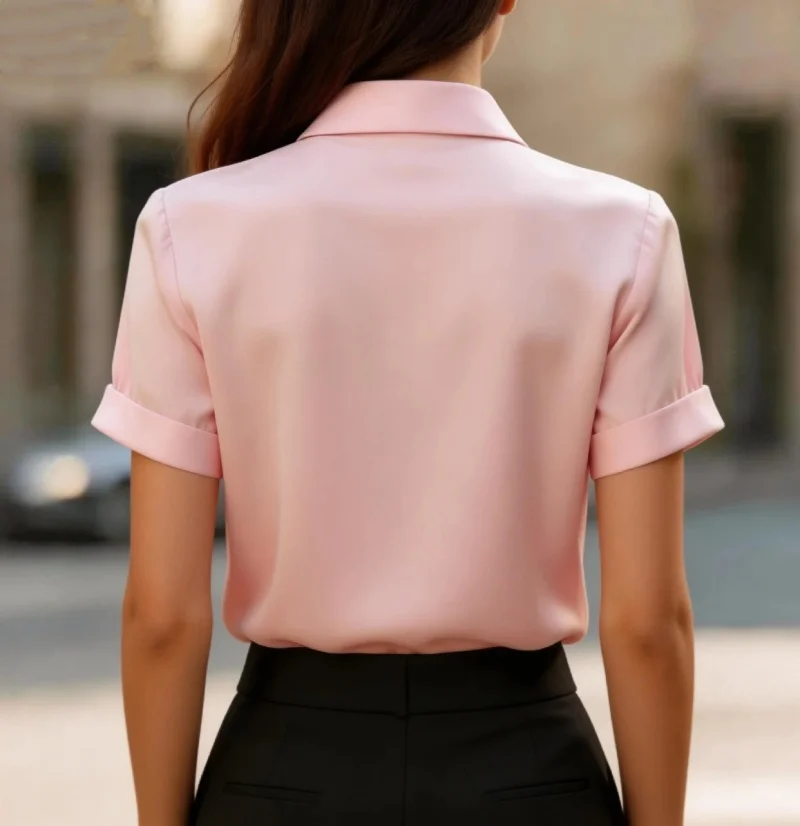 Women's Short Sleeve Blouse With Neck Tie Collar Elegant Office Shirt
