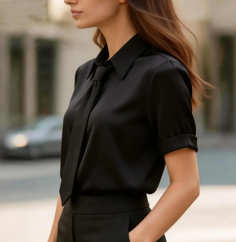 Women's Short Sleeve Blouse With Neck Tie Collar Elegant Office Shirt