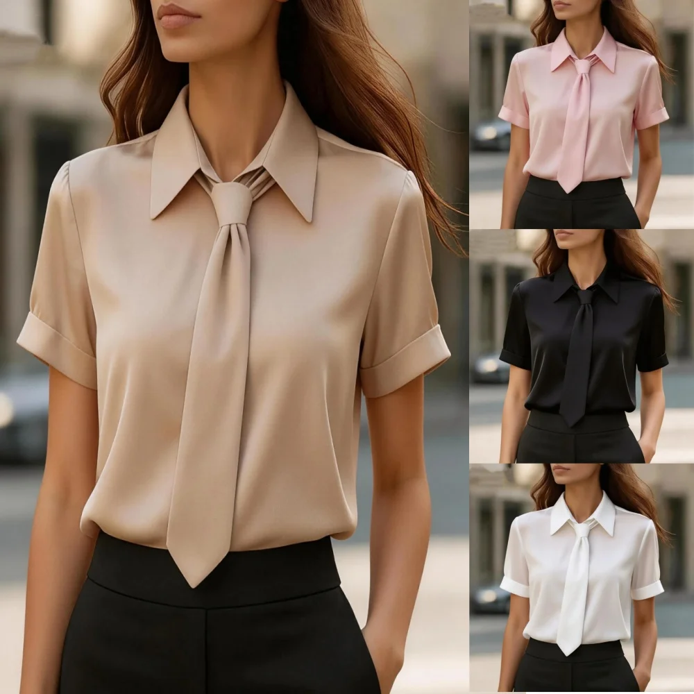 Women's Short Sleeve Blouse With Neck Tie Collar Elegant Office Shirt