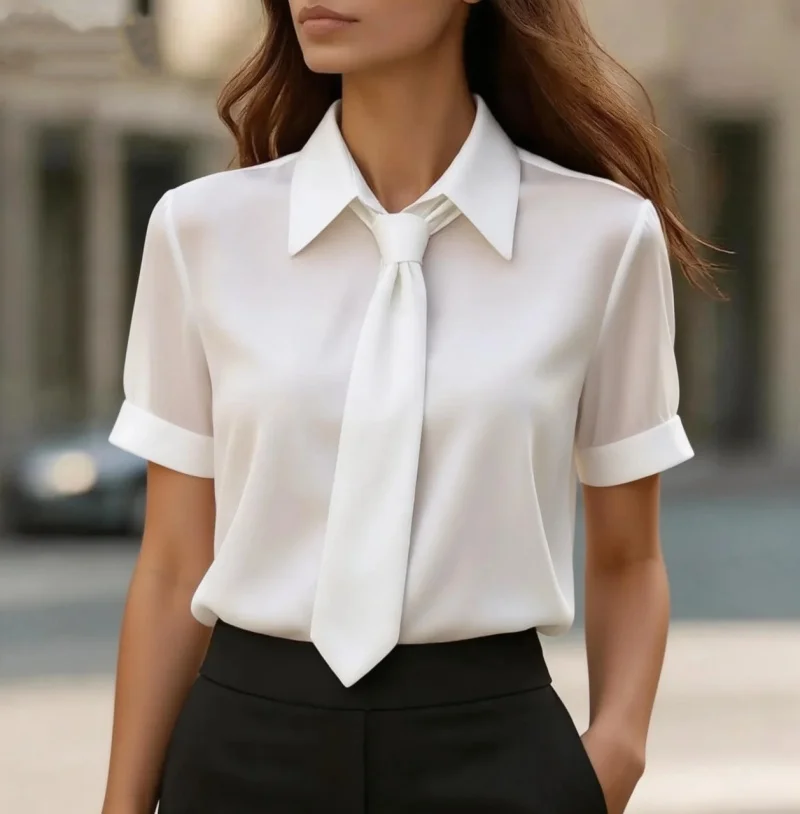 Women's Short Sleeve Blouse With Neck Tie Collar Elegant Office Shirt