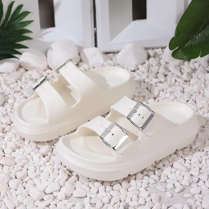 Fashion Metal Buckle Thick Bottom Slippers Women Summer 2026 Lightweight EVA Waterproof Beach Sandals Woman's Non Slip Slippers