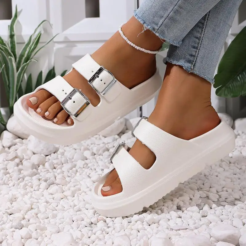 Fashion Metal Buckle Thick Bottom Slippers Women Summer 2026 Lightweight EVA Waterproof Beach Sandals Woman's Non Slip Slippers