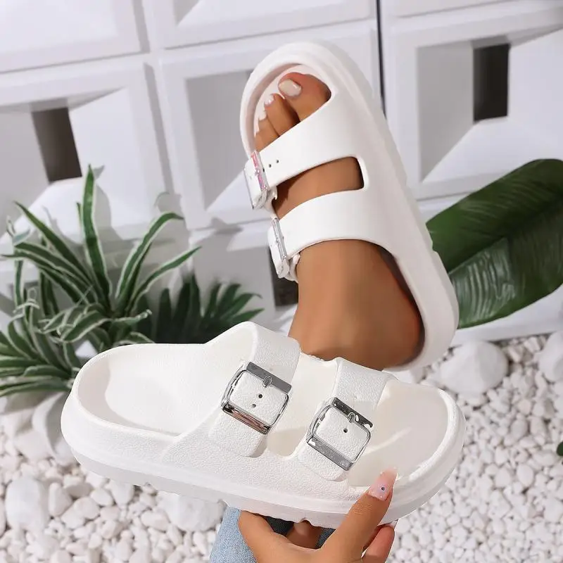 Fashion Metal Buckle Thick Bottom Slippers Women Summer 2026 Lightweight EVA Waterproof Beach Sandals Woman's Non Slip Slippers