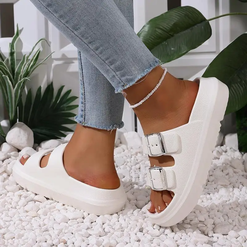 Fashion Metal Buckle Thick Bottom Slippers Women Summer 2026 Lightweight EVA Waterproof Beach Sandals Woman's Non Slip Slippers