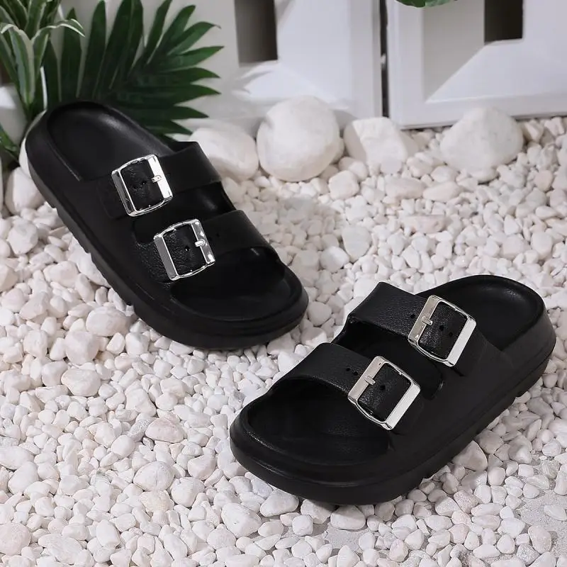 Fashion Metal Buckle Thick Bottom Slippers Women Summer 2026 Lightweight EVA Waterproof Beach Sandals Woman's Non Slip Slippers