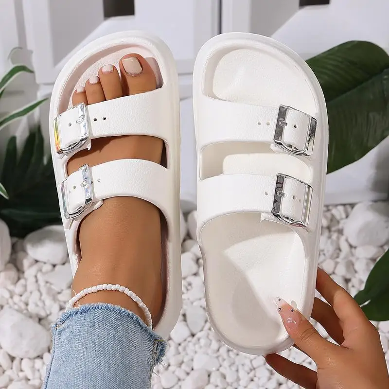 Fashion Metal Buckle Thick Bottom Slippers Women Summer 2026 Lightweight EVA Waterproof Beach Sandals Woman's Non Slip Slippers