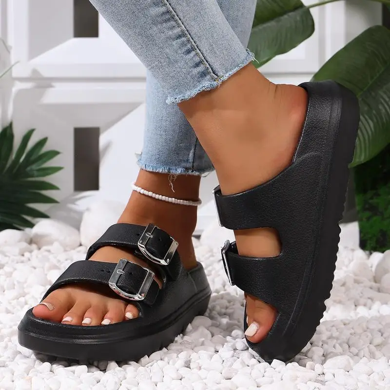 Fashion Metal Buckle Thick Bottom Slippers Women Summer 2026 Lightweight EVA Waterproof Beach Sandals Woman's Non Slip Slippers