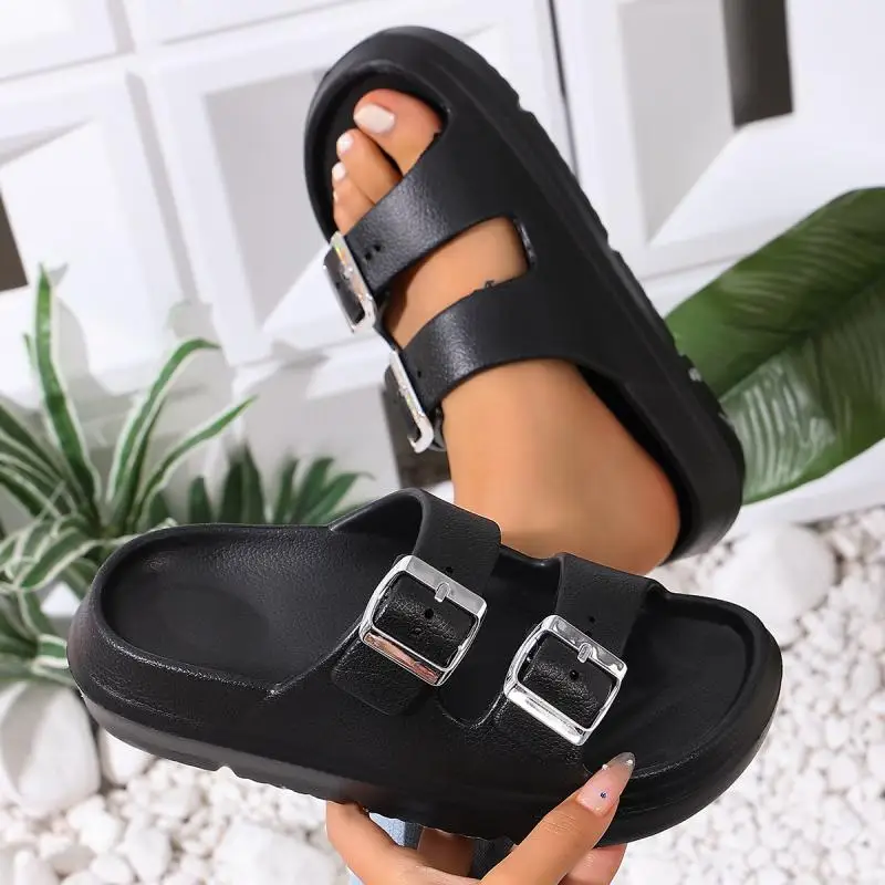 Fashion Metal Buckle Thick Bottom Slippers Women Summer 2026 Lightweight EVA Waterproof Beach Sandals Woman's Non Slip Slippers