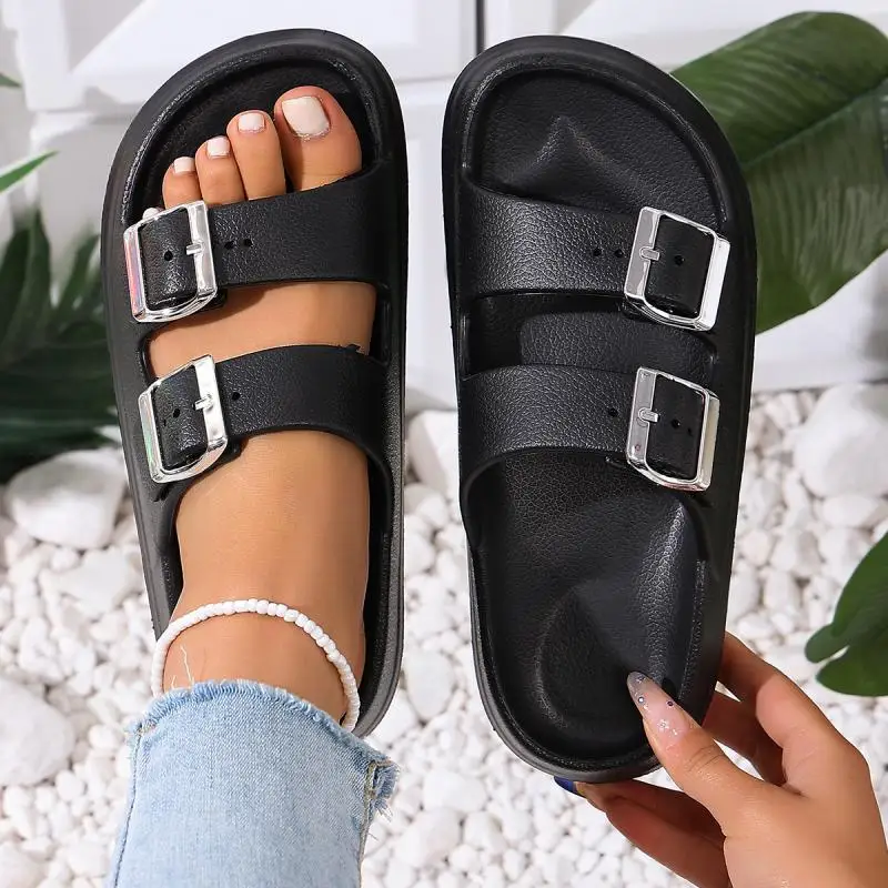 Fashion Metal Buckle Thick Bottom Slippers Women Summer 2026 Lightweight EVA Waterproof Beach Sandals Woman's Non Slip Slippers