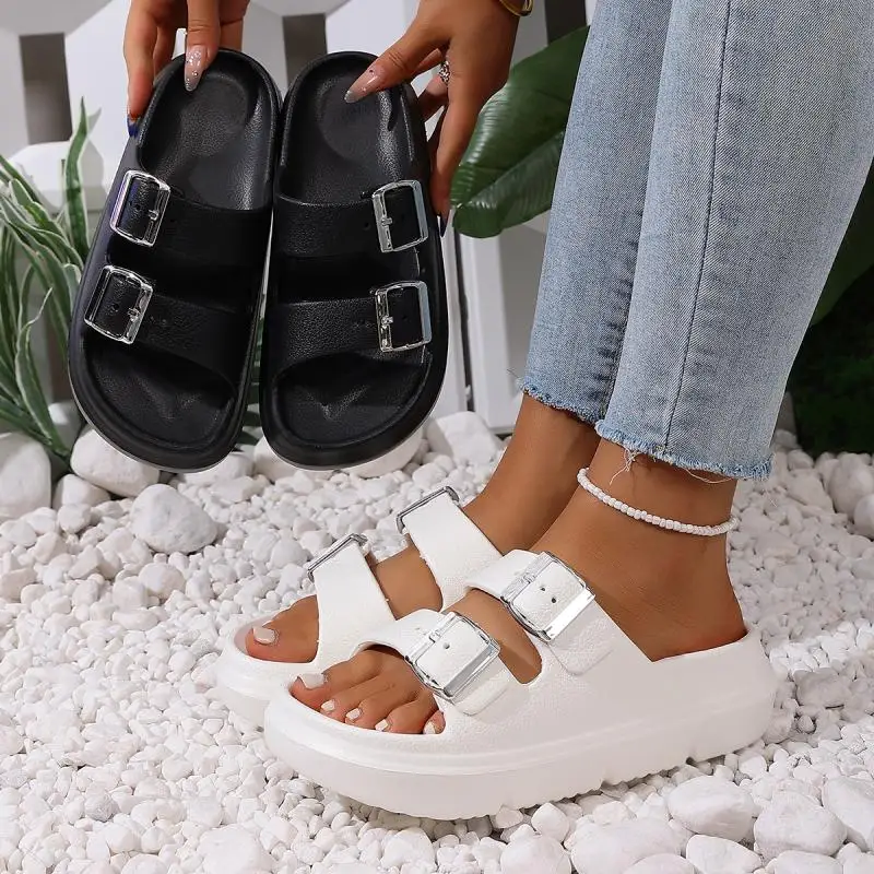 Fashion Metal Buckle Thick Bottom Slippers Women Summer 2026 Lightweight EVA Waterproof Beach Sandals Woman's Non Slip Slippers