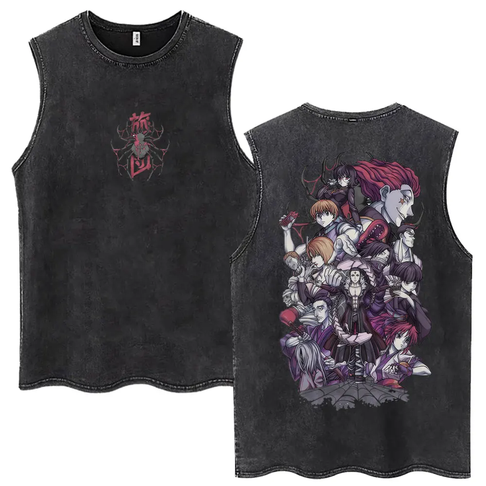 Vintage Washed Anime Hunter X Hunter Tank Tops Kite Phantom Troupe Hisoka Chrollo Sleeveless T-shirt Men Women 100% Cotton Vests