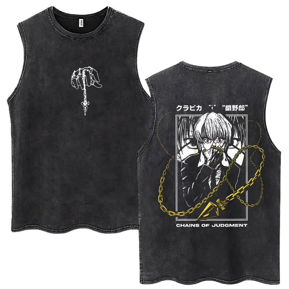 Vintage Washed Anime Hunter X Hunter Tank Tops Kite Phantom Troupe Hisoka Chrollo Sleeveless T-shirt Men Women 100% Cotton Vests