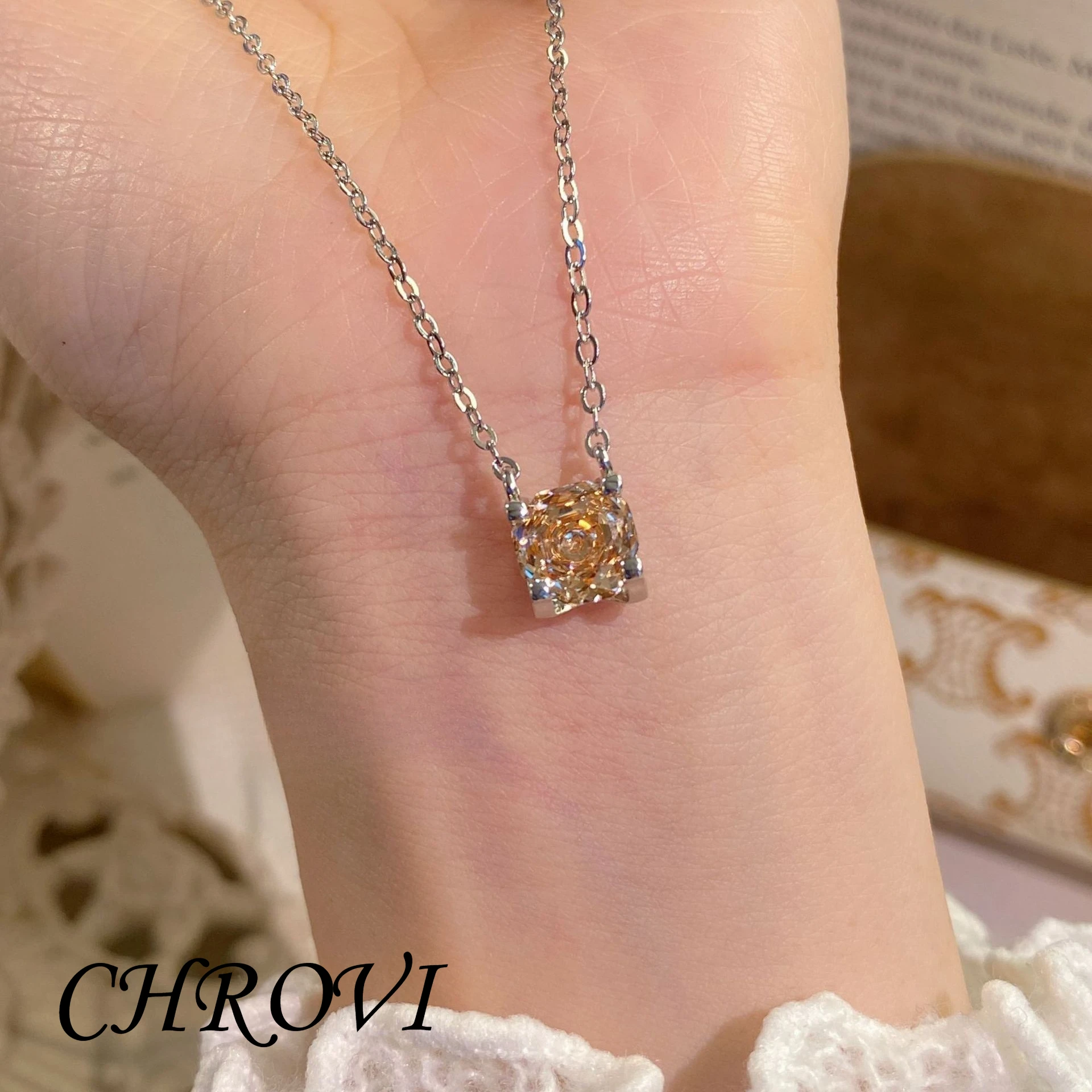 Luxury-Style 925 Sterling Silver Millennium Rose Necklace with Diamonds and Glittering Lockbone Chain for Women